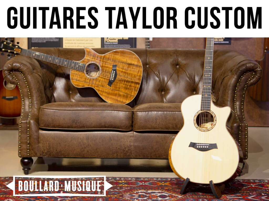 Wall of Taylor Custom guitars at the store