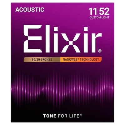 Elixir Acoustic NANOWEB 80/20 Bronze Coating .011-.052, Custom Light