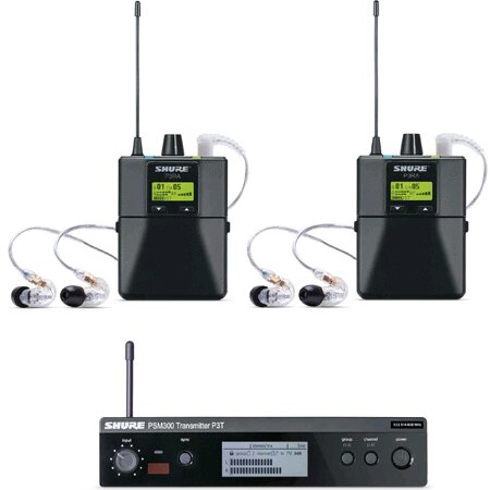 Shure PSM300 System Twin Pack Pro with P3T transmitter, 2 x P3RA pocket receiver, 2 x SE215 headphones : photo 1