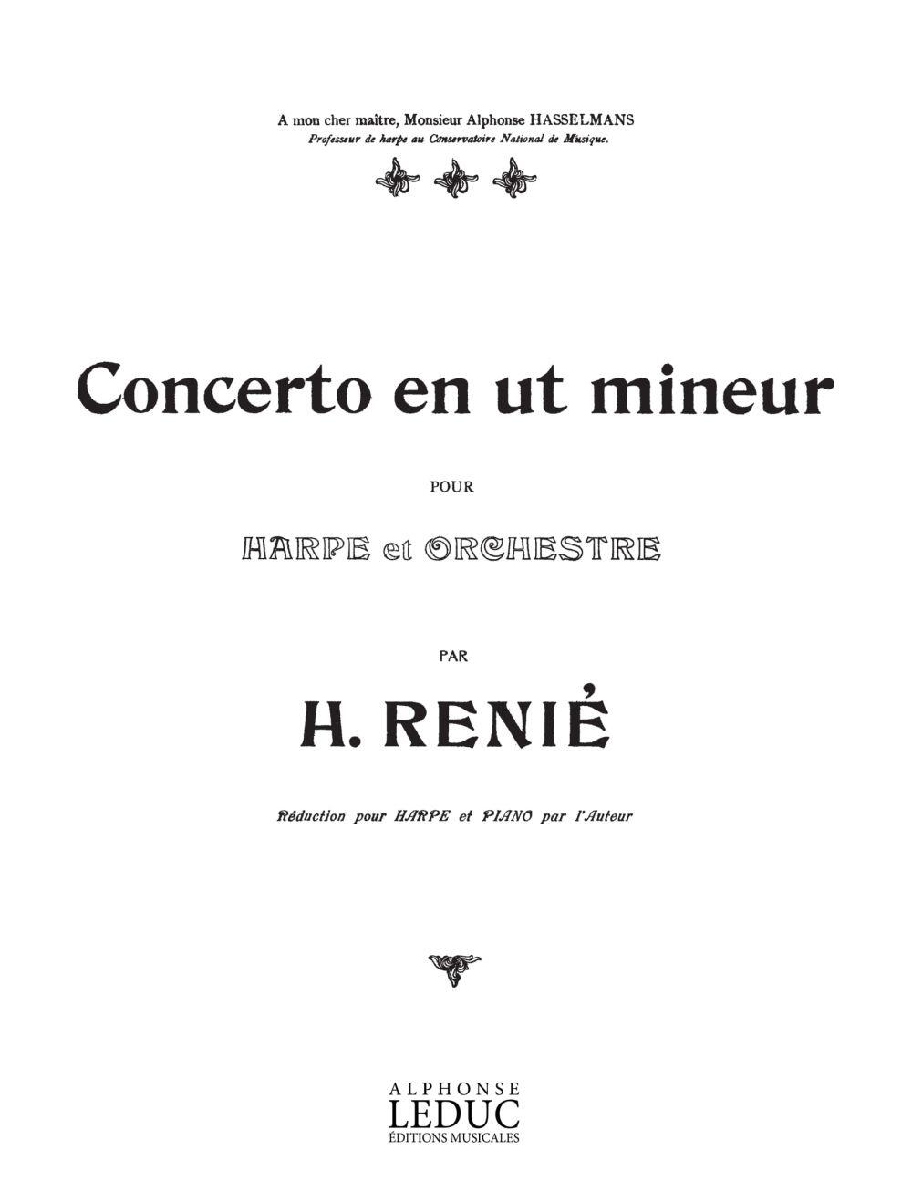 Alphonse Concerto en ut mineur pour harpe et orchestreRenie Concerto In C Minor Harp & Piano  Henriette Renié  Harp Buch  AL20159 (AL20159) : photo 1