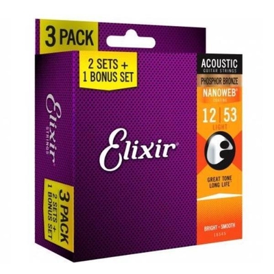 Elixir 2 Sets 1 Bonus Set Ac. NANOWEB Phosphor Bronze Coating .012-.053 Light