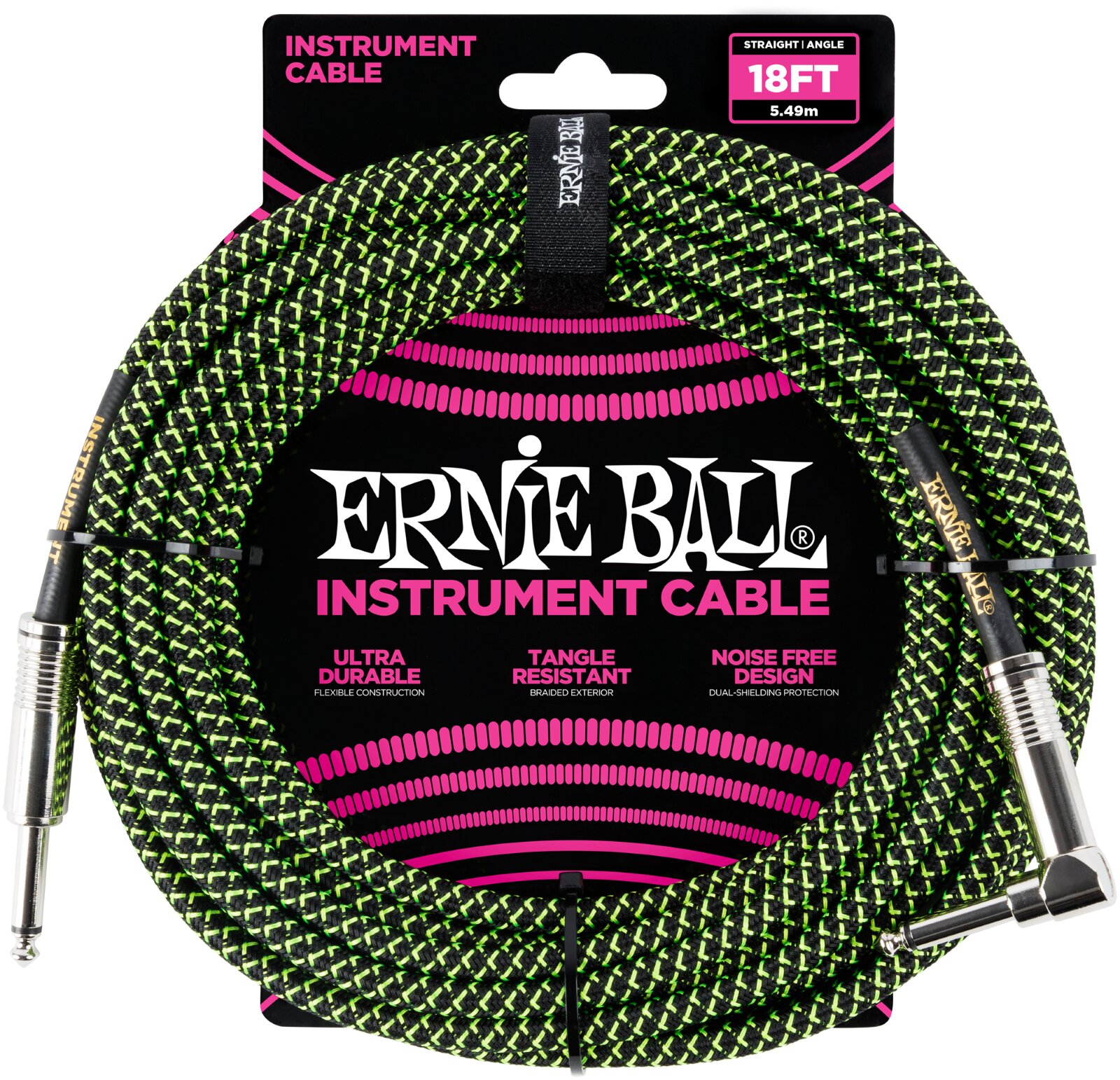Ernie Ball 18FT Braided Straight / Angle, Back / Green : photo 1