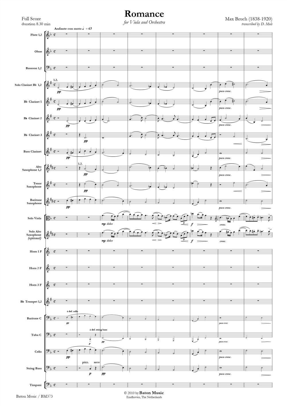 Baton Music Romance for Viola (or Alto Saxophone) Max Bruch Diana Mols  Viola (Alto Saxophone) and Symphonic Band / for Viola (or Alto Saxophone) : photo 1