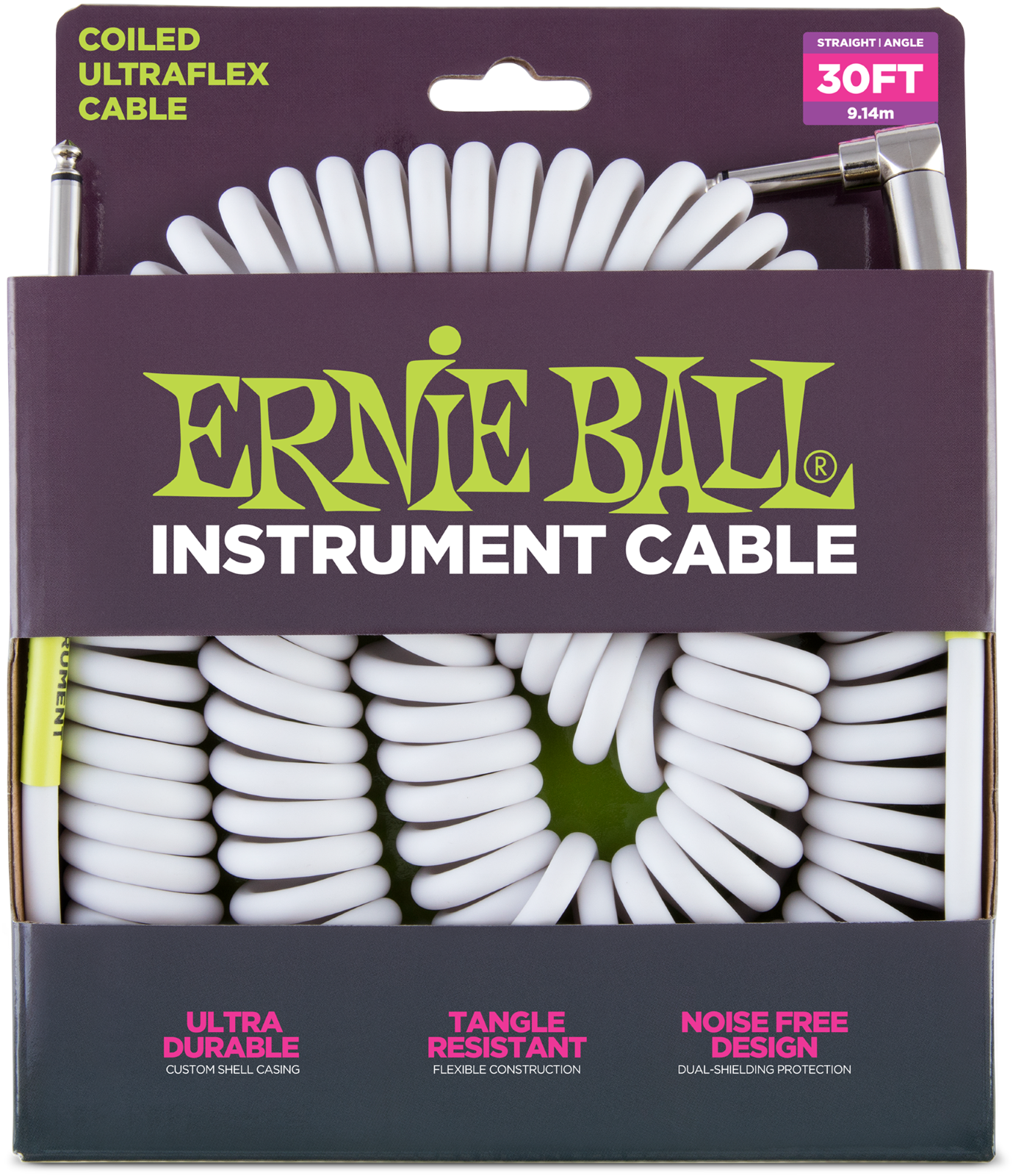 Ernie Ball Câble en spirale droit/coudé, blanc, 9,14m : photo 1