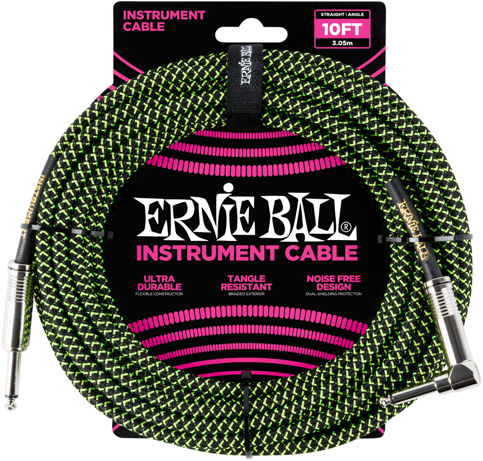 Ernie Ball Instrument Cable, Cloth, Straight / Angled, Black / Green, 3 m : photo 1