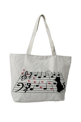 Tote bag Portée musicale et chat (47cm x 33 cm) avec poche intérieure zippée